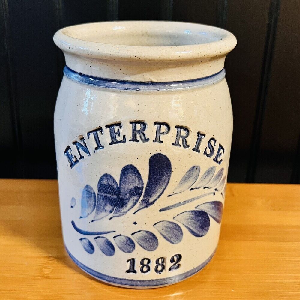 1990s Salt Glaze Crock Vase Gray Blue ENTERPRISE 1882 Pottery Hand Made Signed